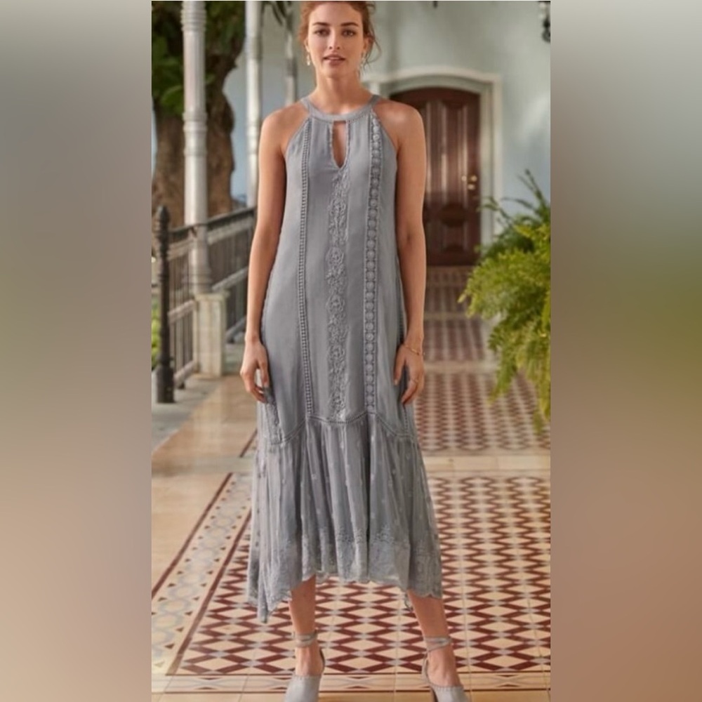 Sundance Adara Silver Gray Halter Midi Dress Lace Embroidered Floral Slip Sz 10